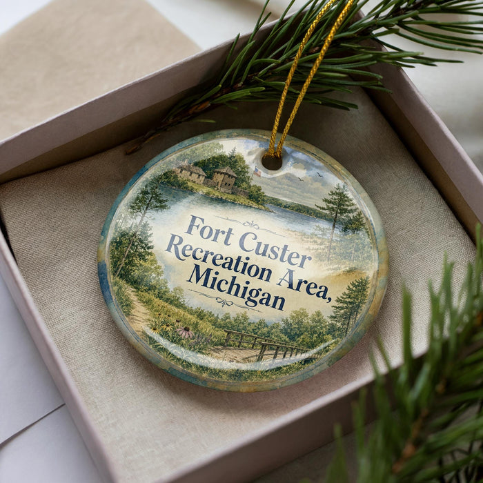 A decorative ornament in a box, featuring a scenic landscape with a lake and a small building.