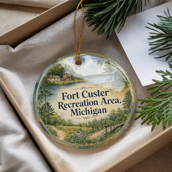 A round ornament with a scenic landscape of a lake, forest, and bridge, featuring the text "Fort Custer Recreation Area, Michigan".