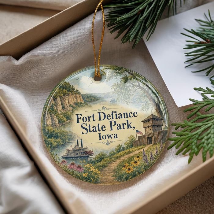 A decorative ornament with a scenic image of Fort Defiance State Park, Iowa, featuring a river, a castle, and a boat.