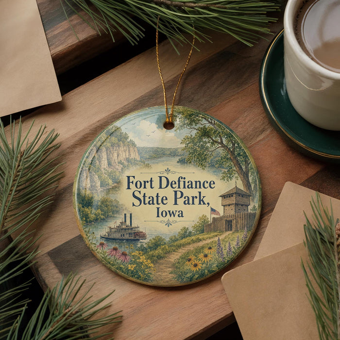 A decorative ornament featuring a scenic landscape with a river, mountains, and a castle, with the text "Fort Defiance State Park, Iowa" prominently displayed.
