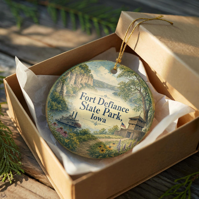 A decorative ornament in a box, featuring a scenic landscape with a river, mountains, and a castle, with the text "Fort Defiance State Park, Iowa" printed on it.