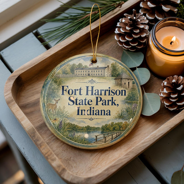 A decorative ornament with a picture of Fort Harrison State Park, Indiana, sits on a wooden tray alongside pine cones and a lit candle.