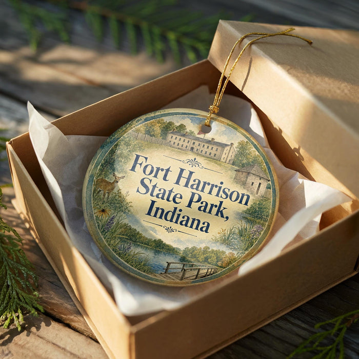A round ornament in a box, featuring an illustration of Fort Harrison State Park, Indiana.