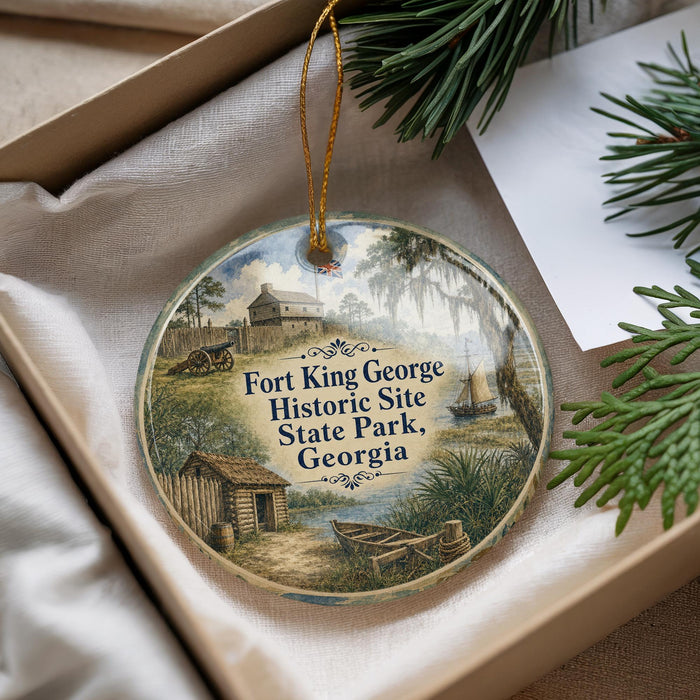 A decorative ornament with a painting of Fort King George Historic Site in Georgia, featuring a house, a boat, and a forest.