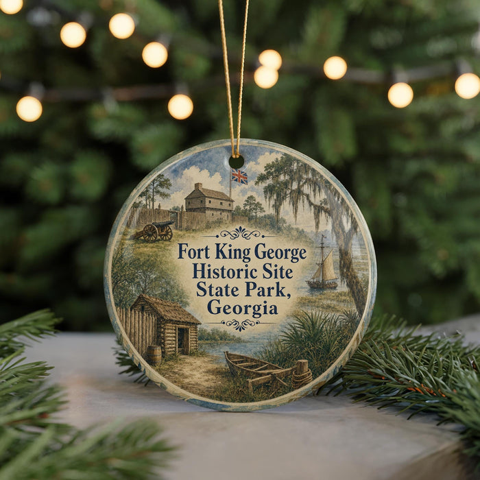 A round ornament with a picture of Fort King George Historic Site in Georgia, featuring a house, a boat, and a tree.