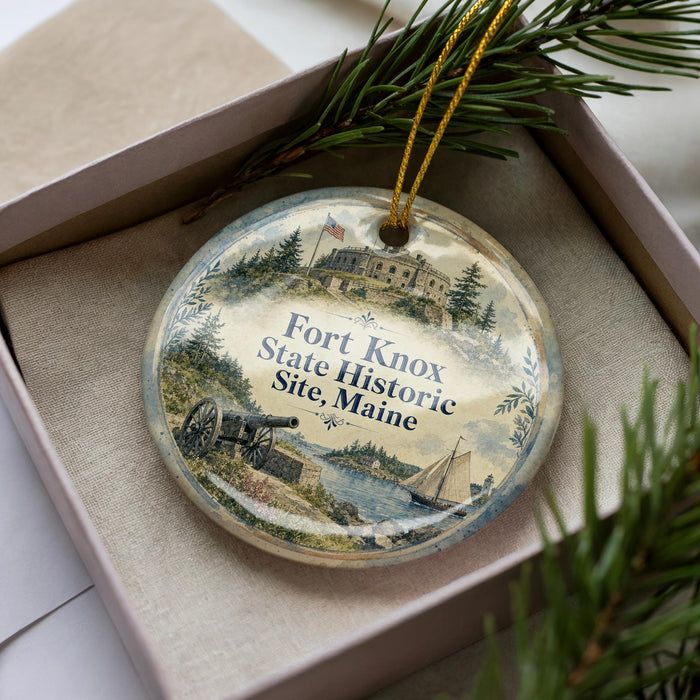 A decorative ornament in a box, featuring a historical scene with a cannon, a building, and a sailboat.