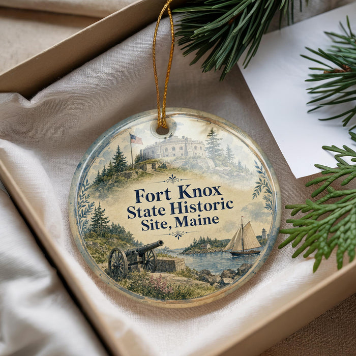 A round ornament with a picture of Fort Knox, Maine, featuring a cannon, a sailboat, and a building, is displayed in a box with pine branches.