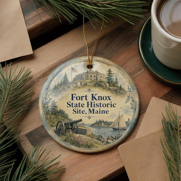 A round ornament with a picture of Fort Knox, Maine, featuring a cannon, a sailboat, and a building, is displayed on a wooden surface alongside a cup of coffee and some pine branches.