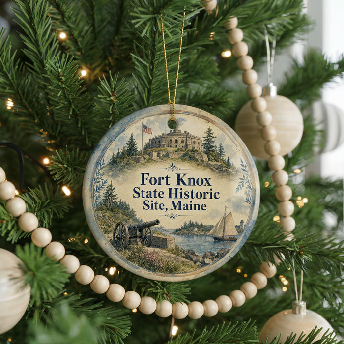 A round ornament on a Christmas tree, featuring a historical scene with a cannon, a sailboat, and a castle.