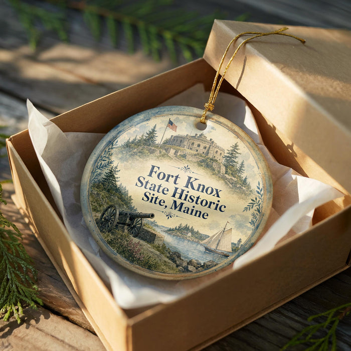 A round ornament in a box, featuring a historical scene with a cannon, a building, and a sailboat, with the text "Fort Knox State Historic Site, Maine" printed on it.