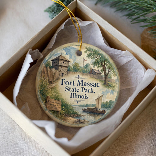 A decorative ornament in a box, featuring a painting of Fort Massac State Park in Illinois, with a boat and a castle in the background.