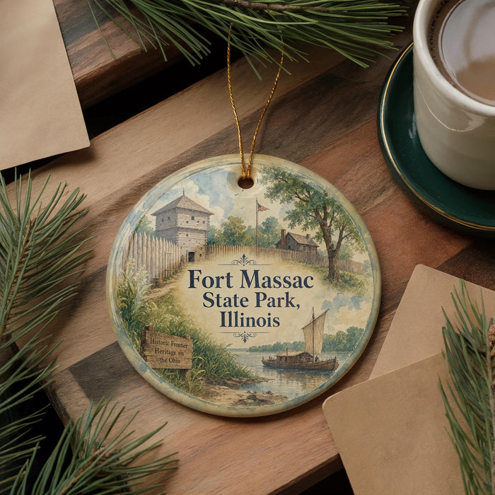 A round ornament featuring a painting of Fort Massac State Park, Illinois, with a boat and a building in the background.