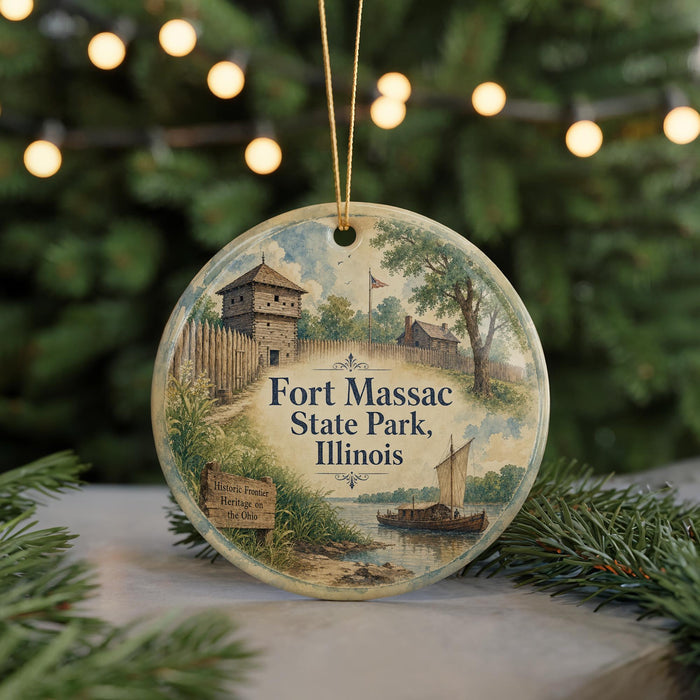 A round ornament with a painting of Fort Massac State Park, Illinois, featuring a wooden fence, a boat, and a sign that says "Historic From the Ohio".