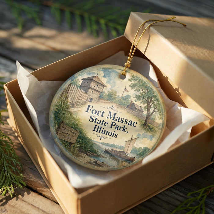 A decorative ornament in a wooden box, featuring a painting of Fort Massac State Park, Illinois.