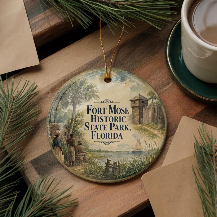 A decorative ornament featuring a scenic image of Fort Mose Historic State Park, Florida, with a small boat and people in the foreground.