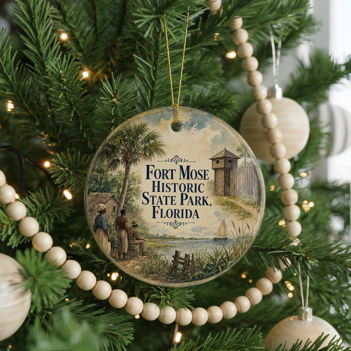 A round ornament hanging on a Christmas tree, featuring a painting of a historical scene with palm trees, a building, and people.