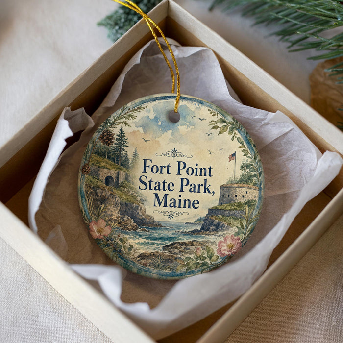 A decorative ornament in a box, featuring a scenic landscape with a castle, trees, and a body of water.