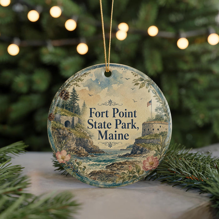 A round ornament with a scenic illustration of Fort Point State Park, Maine, hanging from a string.