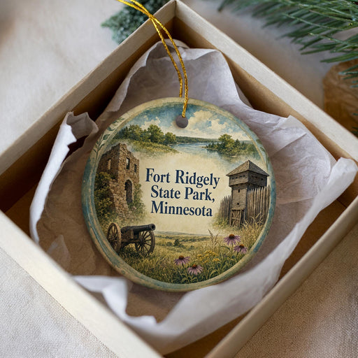 A round ornament in a box, featuring a painting of Fort Ridges State Park in Minnesota.