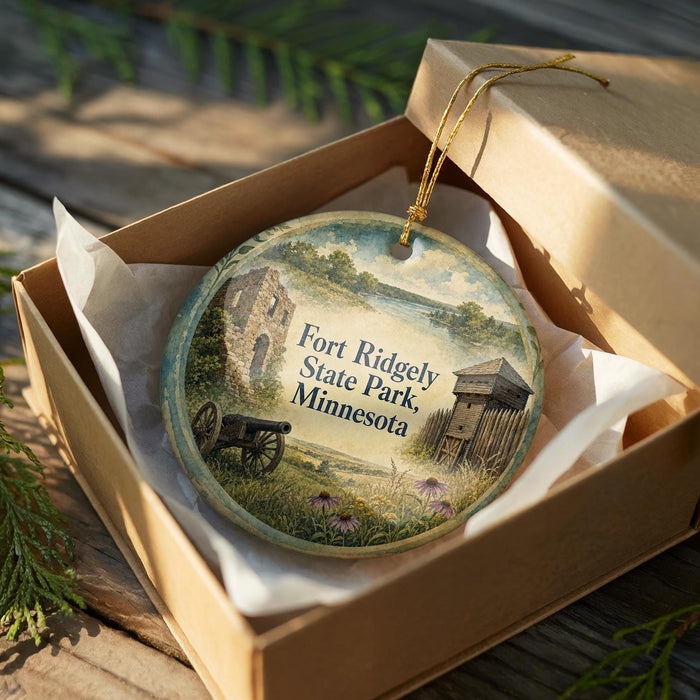 A round ornament in a box, depicting a scenic landscape with a castle, a river, and a field with purple flowers.