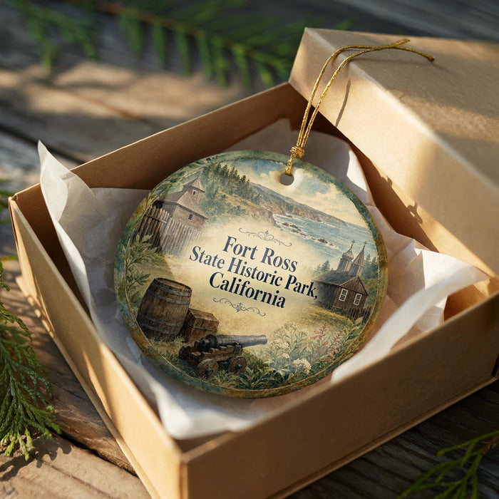 A round ornament in a wooden box, featuring an illustration of Fort Ross State Historic Park in California.