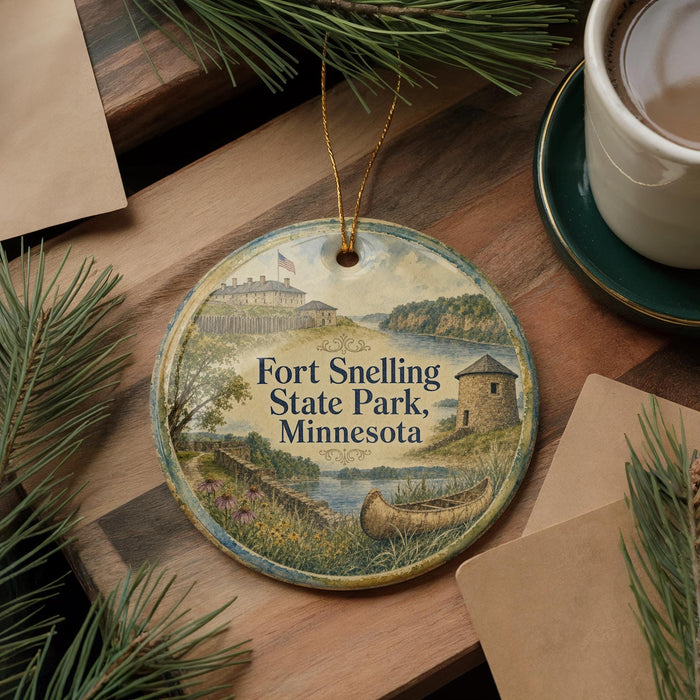 A round ornament with a painting of Fort Snelling, Minnesota, is displayed on a wooden surface alongside a cup of coffee and some pine branches.