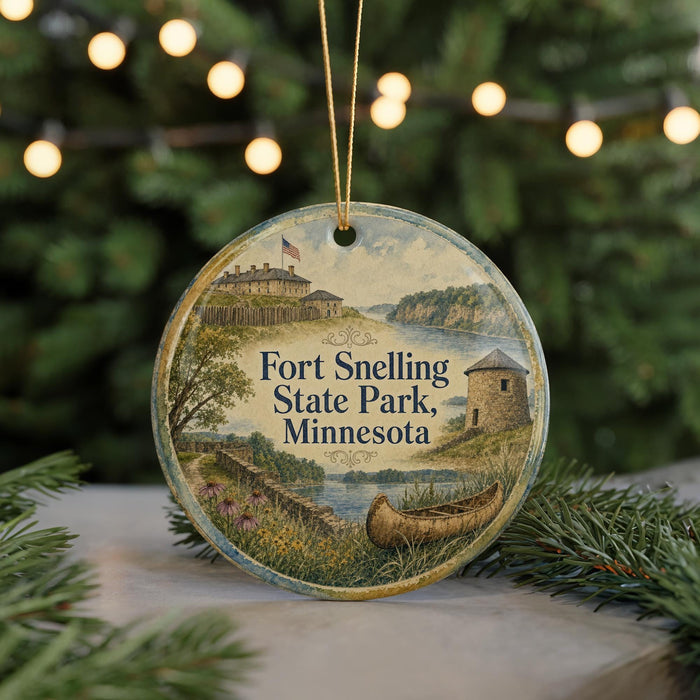 A round ornament with a painting of Fort Snelling, Minnesota, featuring a boat and a building, is displayed on a surface with pine branches in the background.