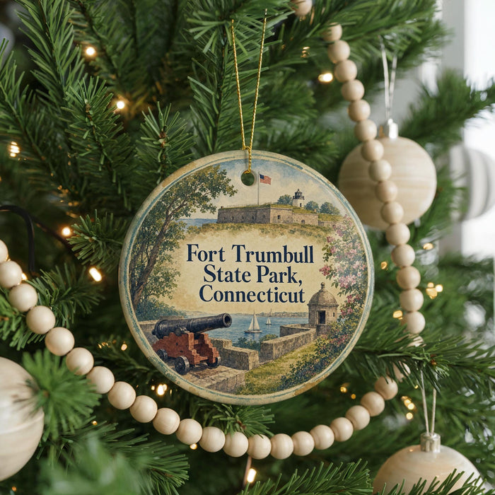 A round ornament hanging on a Christmas tree, featuring a painting of Fort Trumbull State Park in Connecticut.