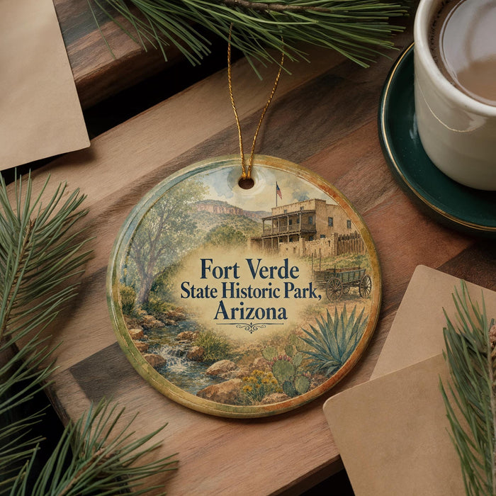 A round ornament with a picture of Fort Verde State Historic Park, Arizona, hanging on a wooden surface.