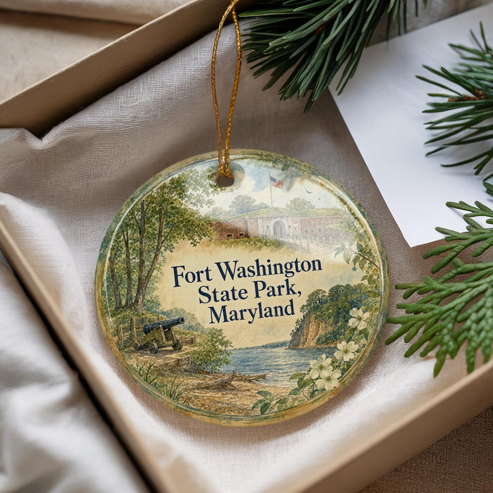 A round ornament with a scenic image of Fort Washington State Park, Maryland, hanging from a string.
