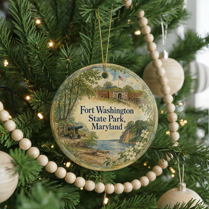 A round ornament hanging on a Christmas tree, featuring an illustration of Fort Washington State Park, Maryland.