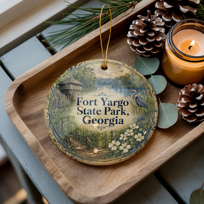 A decorative ornament featuring a scenic image of Fort Yargo State Park, Georgia, with pine cones and a lit candle on a wooden tray.