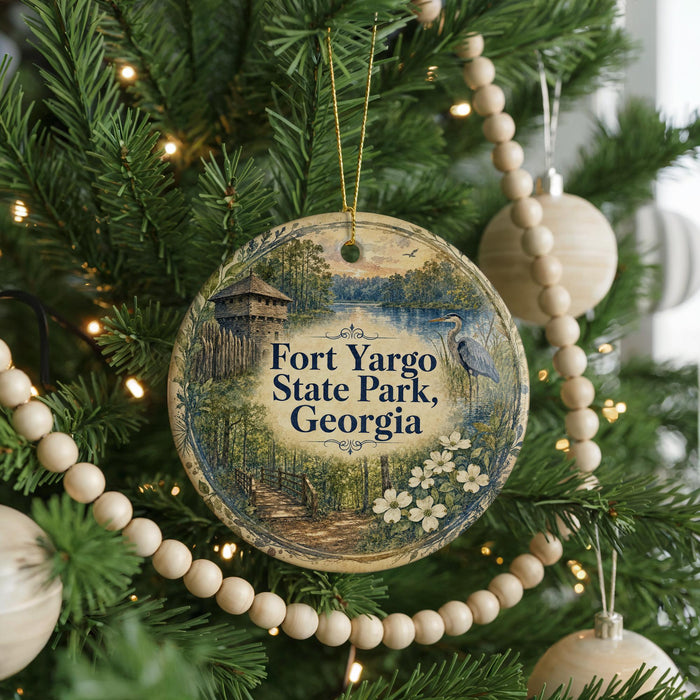 A round ornament hanging on a Christmas tree, featuring a scenic image of Fort Yargo State Park in Georgia.