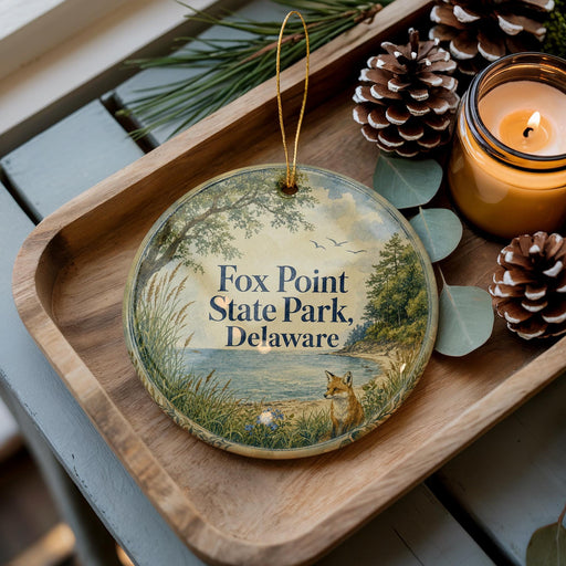 A decorative ornament with a scenic image of Fox Point State Park, Delaware, featuring a fox in the foreground and a serene landscape of trees, water, and a river.