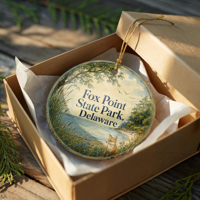 A round ornament in a box, featuring a scenic image of Fox Point State Park, Delaware, with a fox in the foreground.