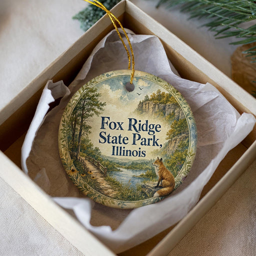 A decorative ornament in a box, featuring a scenic landscape with a fox in the foreground and the text "Fox Ridge State Park, Illinois" on the ornament.