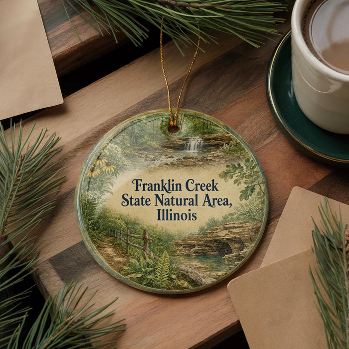 A round ornament with a scenic image of Franklin Creek, the State Natural Area in Illinois, is displayed on a wooden surface alongside a cup of coffee and some pine branches.