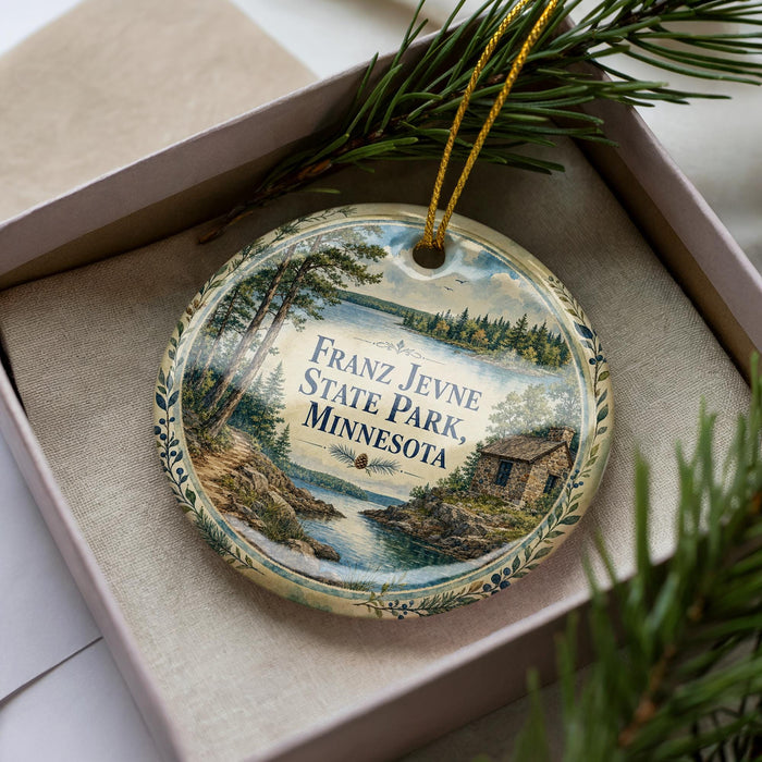 A decorative ornament in a box, featuring a scenic landscape with a lake, trees, and a cabin, with the text "Franz State Park, Minnesota" prominently displayed.