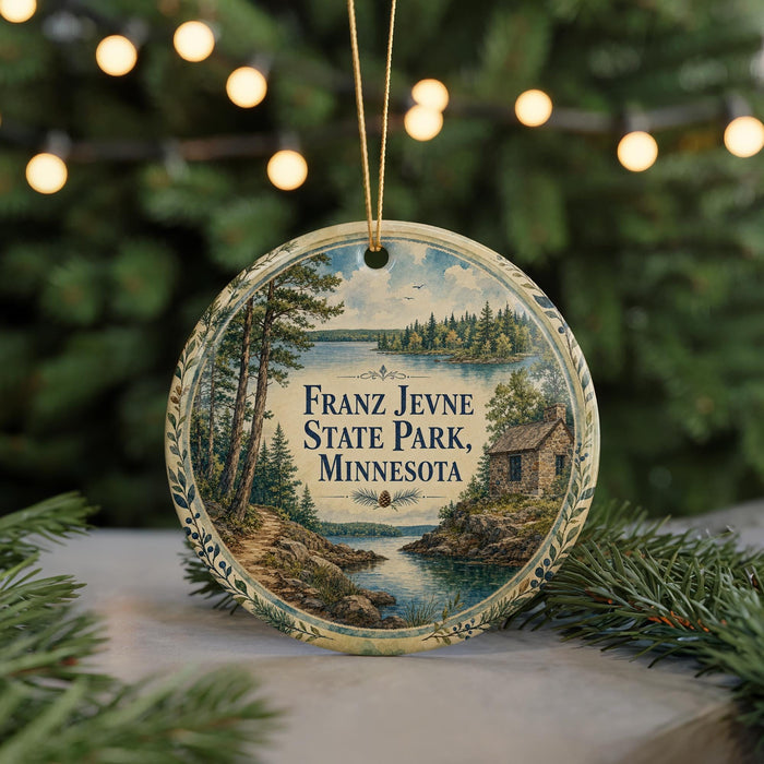 A round ornament with a scenic landscape of Franz Jevne State Park, Minnesota, featuring a cabin and a lake surrounded by pine trees.