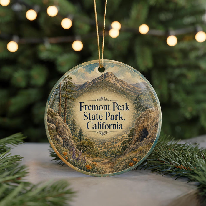 A round ornament with a scenic mountain landscape and text that reads "Fremont Peak State Park, California".