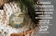 Ceramic ornaments, featuring a scenic print of Frontenac State Park, Minnesota, hanging in a woven basket.