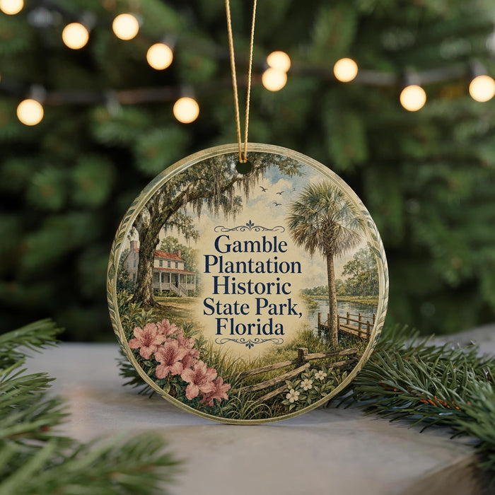 A round ornament with a painting of a house and palm trees, surrounded by greenery, hangs in front of a Christmas tree with lights.