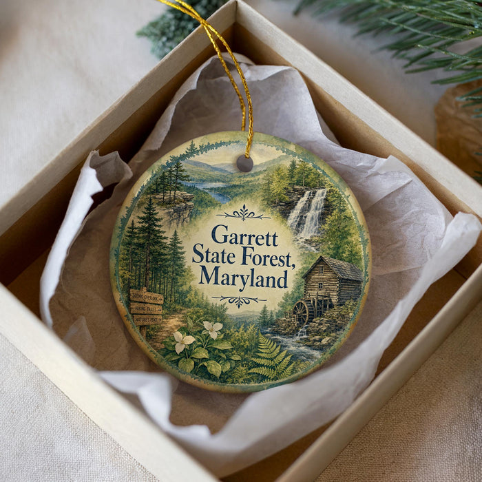 A decorative ornament in a box, featuring a scenic landscape with a waterfall, pine trees, and a cabin.
