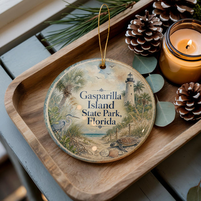 A wooden tray with a decorative ornament featuring a lighthouse and palm trees, along with pine cones and a lit candle, placed on a table.