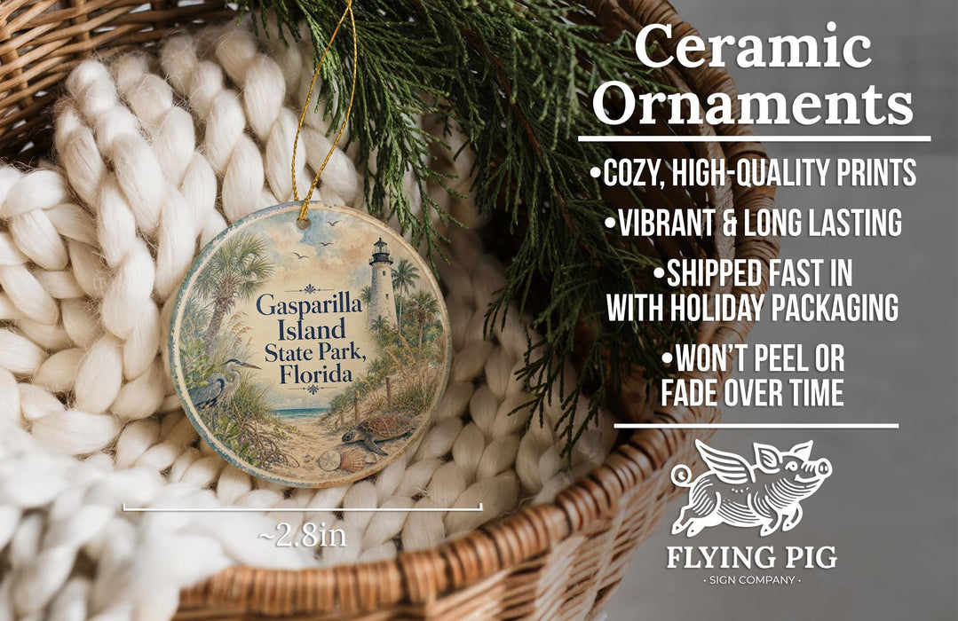 a ceramic ornament hanging from a wicker basket, with a description of the ornament and its features.