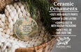 a ceramic ornament hanging from a wicker basket, with a description of the ornament and its features.