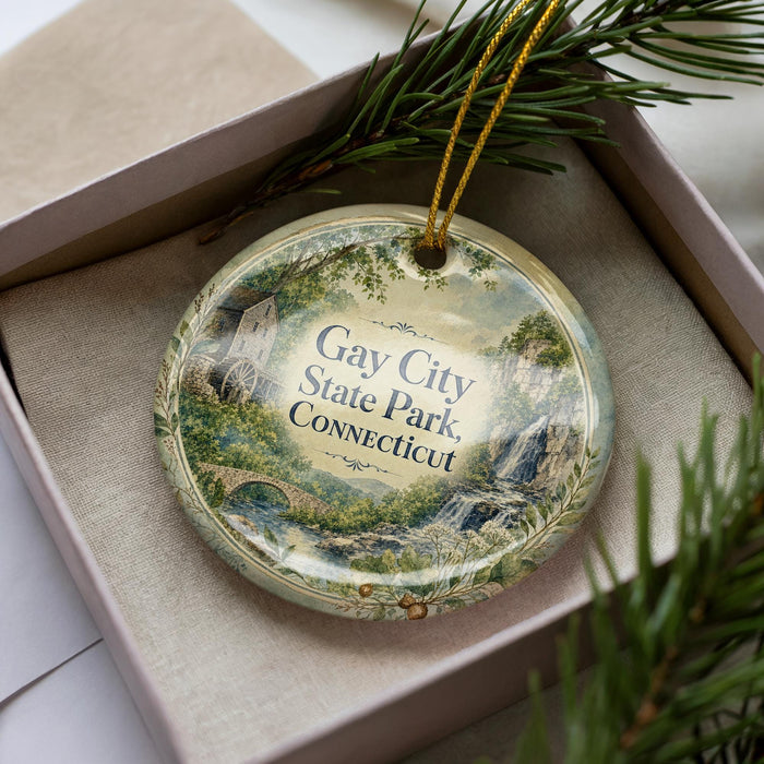 A decorative ornament in a box, featuring a scenic landscape with a bridge and greenery, with the text "Gay City State Park, Connecticut" printed on it.