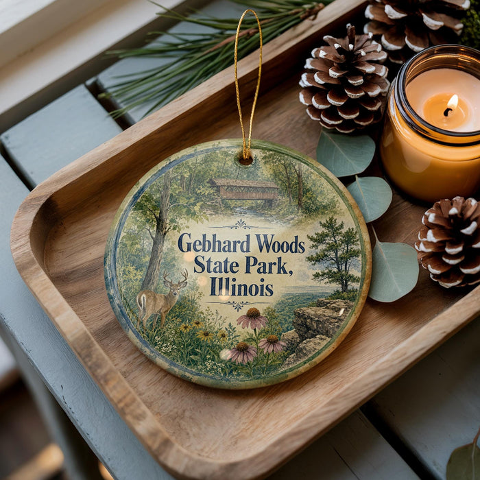 A decorative ornament with a forest scene and text, placed on a wooden tray next to pine cones and a lit candle.