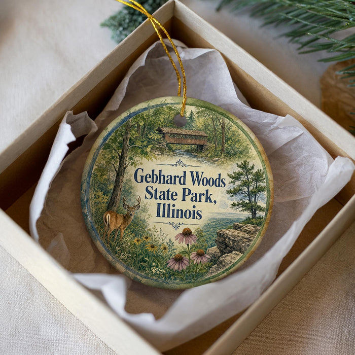 A decorative ornament in a box, featuring a scenic image of Gebhard Woods State Park, Illinois.