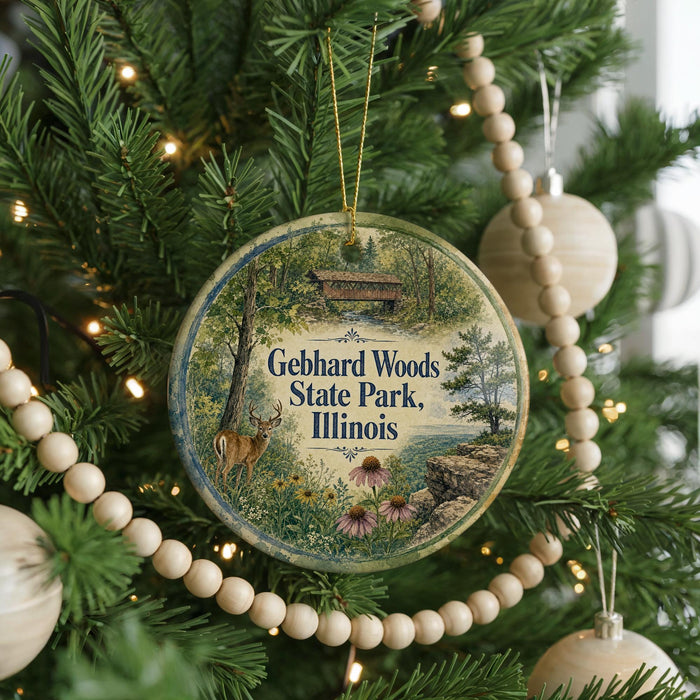 A round ornament hanging on a Christmas tree, featuring a scenic image of Gebhard Woods State Park, Illinois.